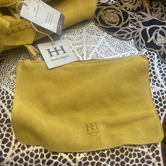 Haute Hippie Leather Festival Suede Hobo Yellow Gold Purse Accessory Bag New - Picture 8 of 13